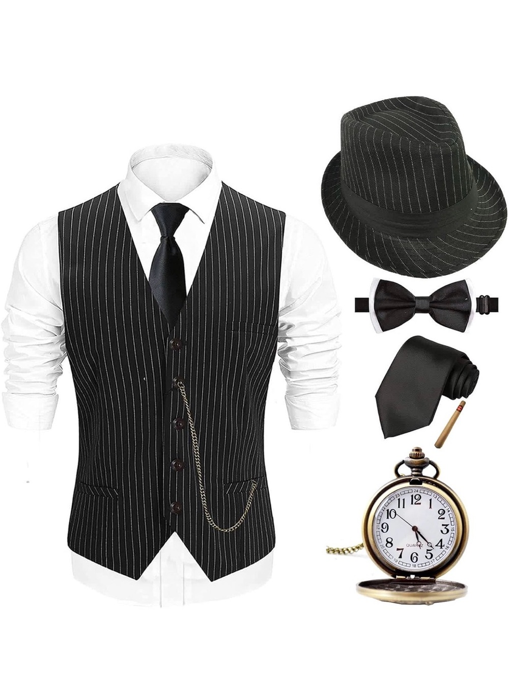 Black Pinstripe Men's Vest with Accessories Halloween Costume